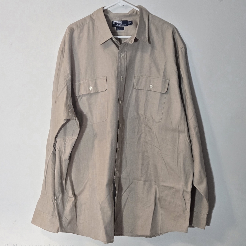Polo Ralph Lauren Shirt XXL Mens Whitfield Beige Twill Long Sleeve Button Up VTG